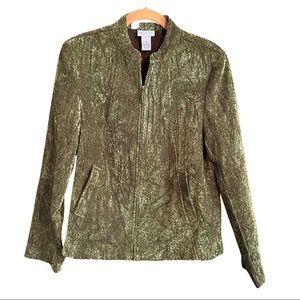 RENAISSANCE Women Career Jacket Olive Green Brown Floral Stitch Medium